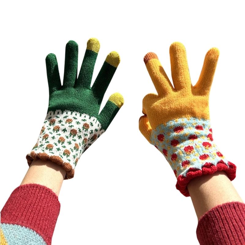 Flower Pattern Knitted Gloves For Women Girl Stylish Design Windproof Thick Warm Handwear for Cycling Skiing Daily Use