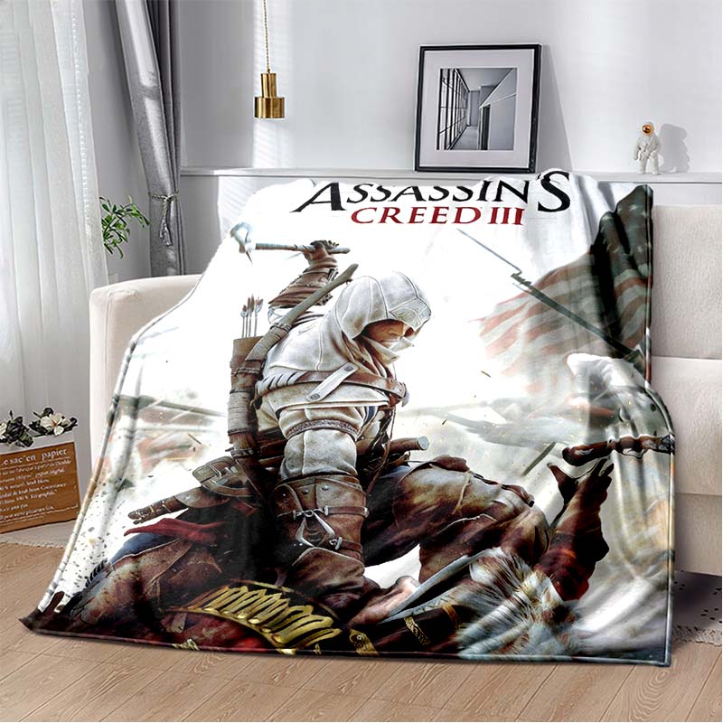 Assassin's Creed Hooded Figure Flannel Blanket Red Smoke Logo Print Soft Warm Throw For Sofa Bed Gamer Home Decor