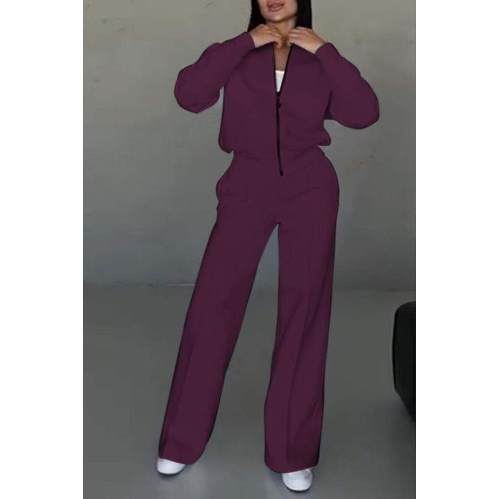 Women's Round Neck Long Sleeve Zip Up Jacket Two Piece Outfit Elastic Waist Wide Leg Pants Set Solid Color Casual Fall Winter Tracksuit