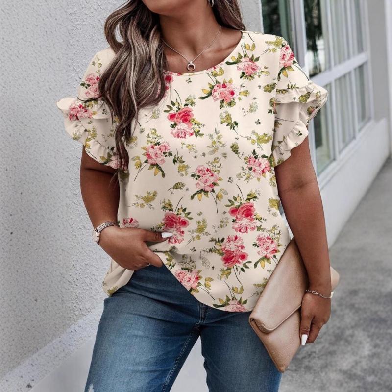 

Women s Crew Neck Sleeve Splicing Pleated Printing Short Sleeve Casual T-Shirts 5XL