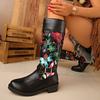 Printed High Boots Fashion Round Toe Spliced Metal Buckle Sleeve Soft Sole Non-slip Wear-resistant Block Heel Shoes