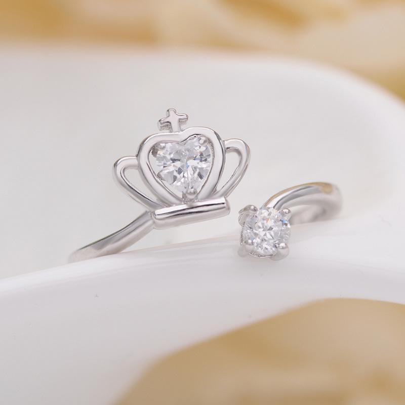 Korean Style Fresh Zircon Crown Heart Open Ring - S925 Sterling Silver