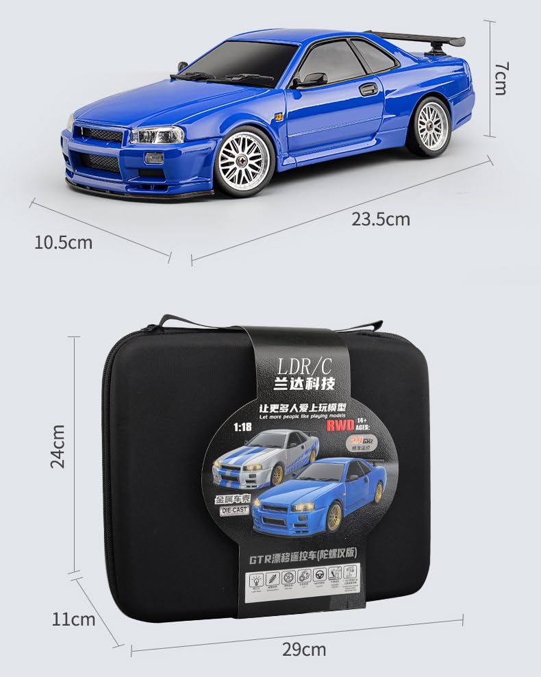 LDR/C 1/18 Scale Drift Car, GTR R34, 2.4GHz Proportional Control, Metal Body, Gyro, Compatible with Technical Standards and Regulations, LD1899