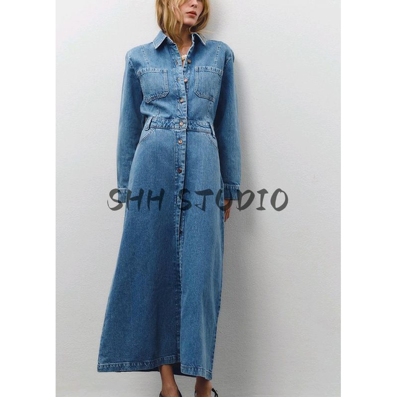 Spring Women Clothes American Simple Style Metal Button Decoration Long Lapel Demin Dress 1879023