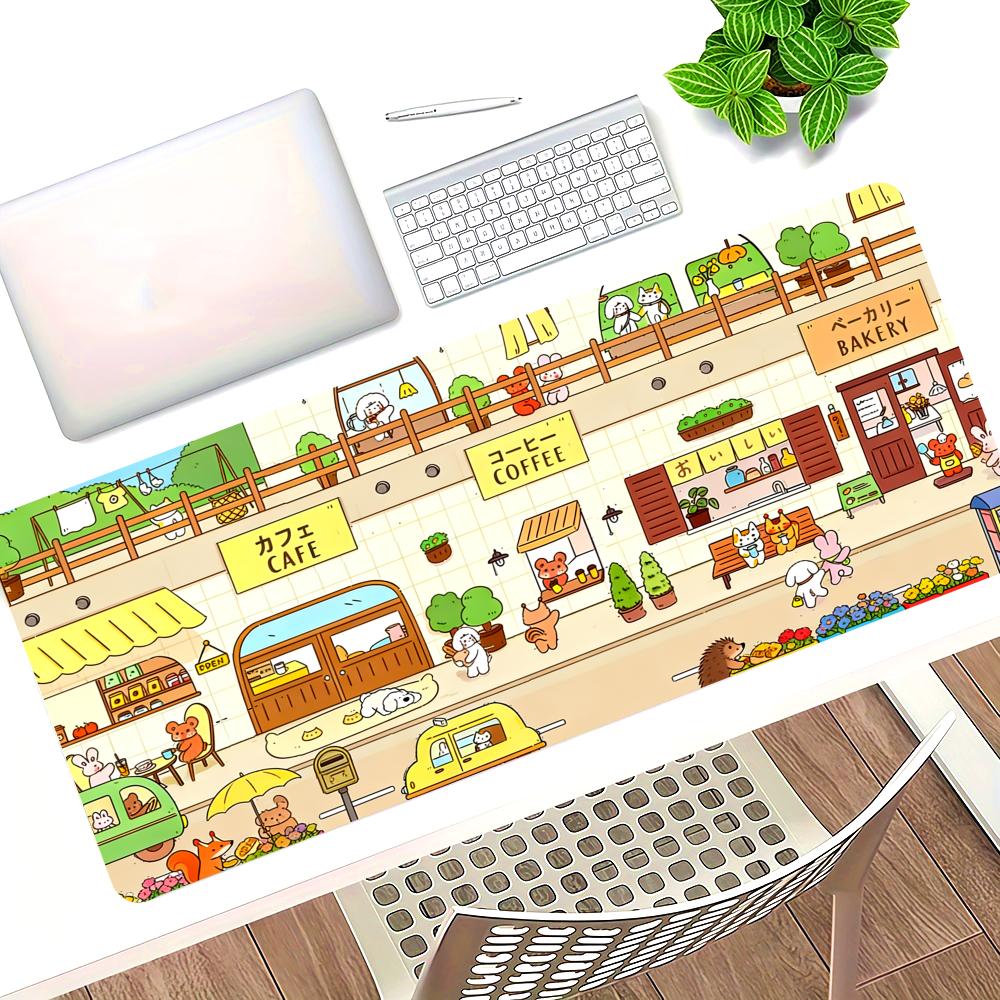 HYBXAXC Cute Kawaii Mousepad Green Cute Mouse Street Japanese Bakery Cafe Bunny Bear Plants Flower Shop Kawai Gaming Deskmat