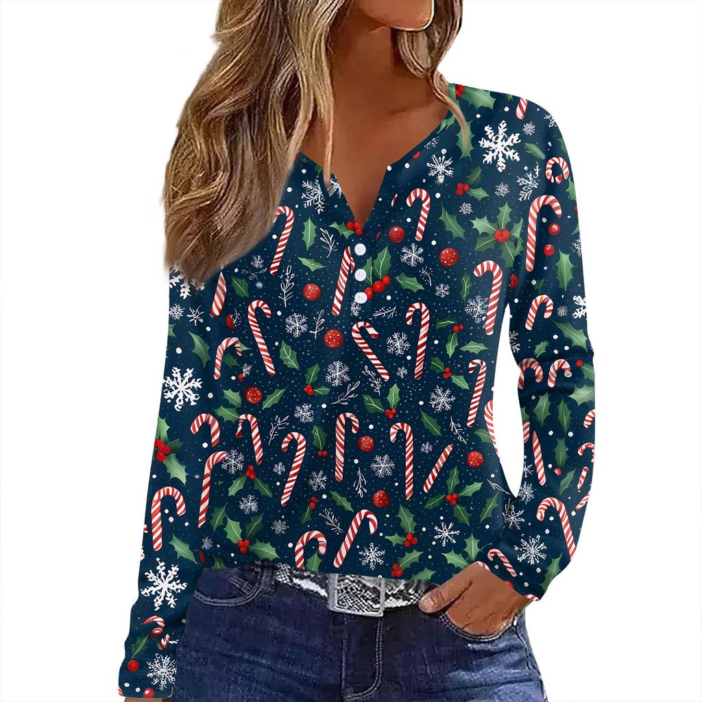 Damen T-Shirt mit Weihnachtsdruck, Knopfleiste, lange Ärmel, für den Alltag, Wochenende, modisch, Basic, V-Ausschnitt, normales Oberteil