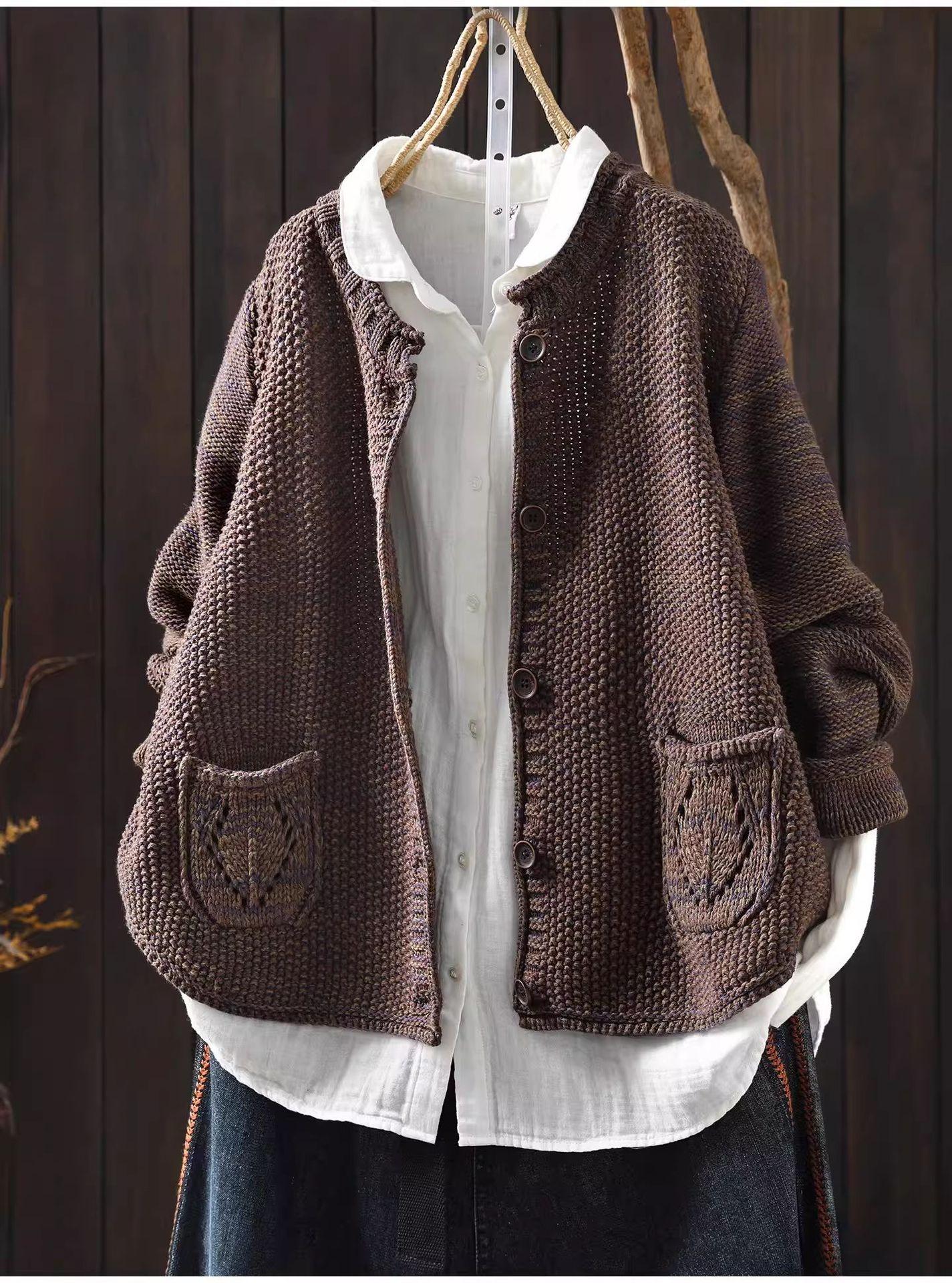 

Johnature Women Vintage Sweaters Spring Chinese Style Button O-Neck Long Sleeve Pockets Knitted Sweaters One Size