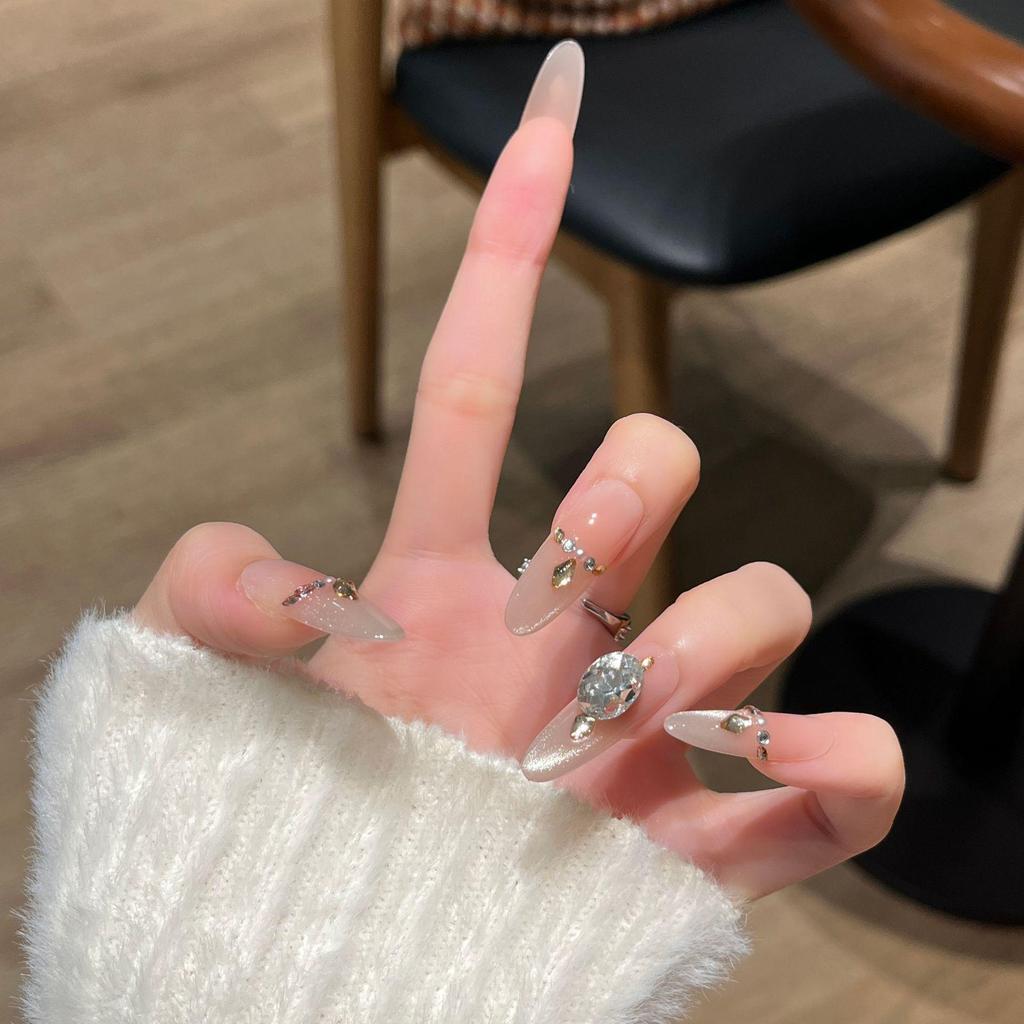 Handmade Cat Eye Nail Tips, Medium-Long, Nude, Exquisite High-End Feel