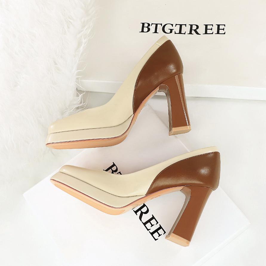 Shanggui Super Girl High Heels Thick Heels Color Blocked Single Shoes
