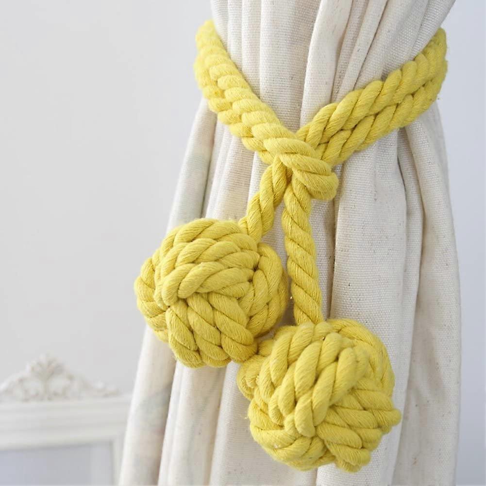 2pcs Curtain Holdbacks Hand Knitting Braided Drapery Tiebacks with Double Ball Cotton Rope Tassel- Yellow