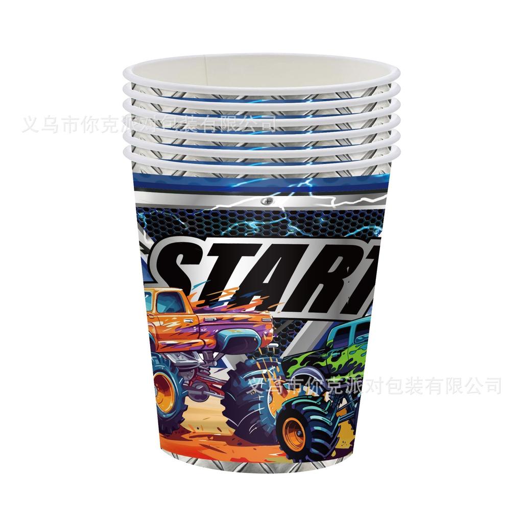 Monster Truck-Themed Kids' Party Decorations: Paper Plate Set, Disposable Birthday Tableware, Race Car Plates, and Themed Decor Props
