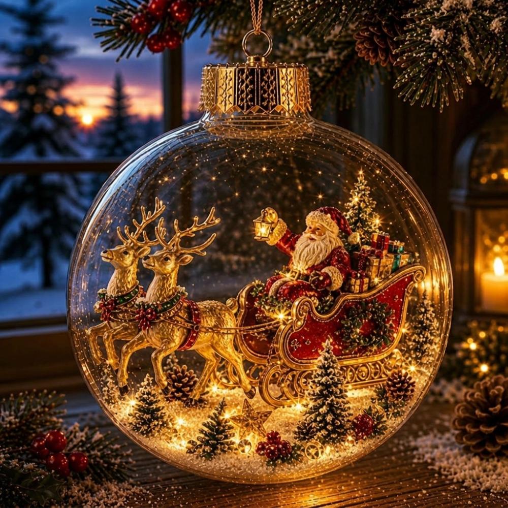 Vintage Winter Glowing Christmas Ball Ornament LED Warm Lights Snow House 3D Christmas Hanging Bauble Plastic Acrylic