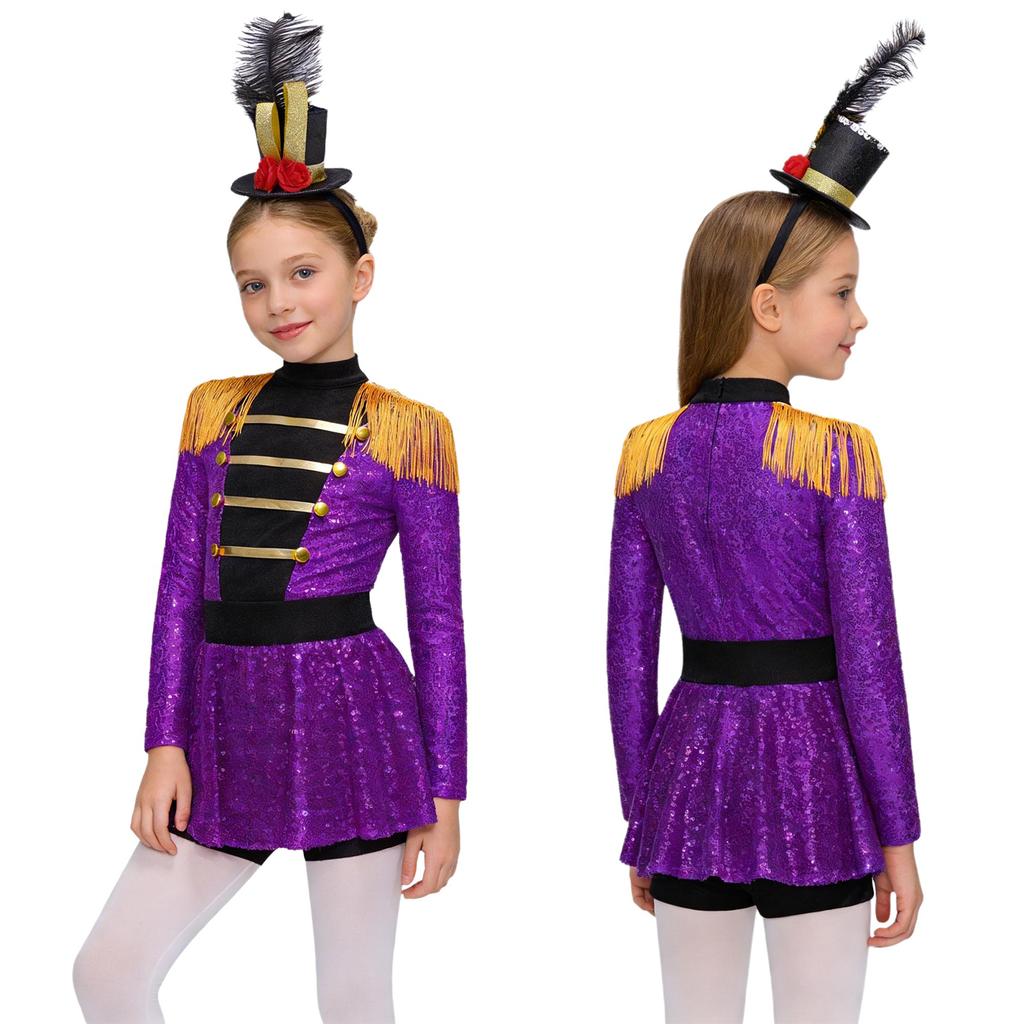 Jenters Sirkus Ringmester Kostymesett Langermet Mock Neck Dusknapp Skulder Glidelås i Ryggen Paljett Bodysuit med Hatt