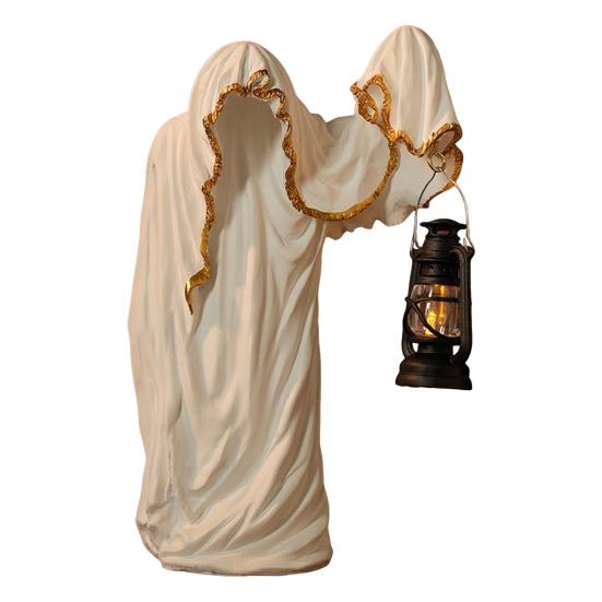 Ghost Wizard Figurine Halloween Ghost Statue with Light-up Lantern Vintage Gothic Ghost Sculpture for Indoor Mantel Cabinet Decoration