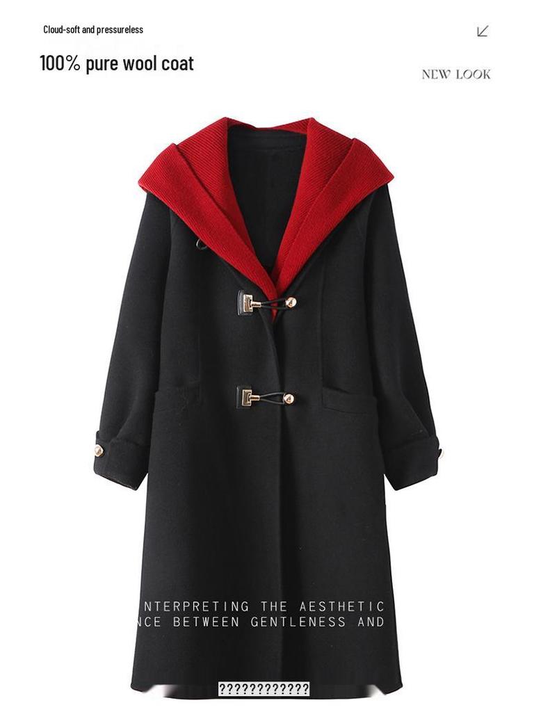 Damen 2025 Petite Kapuzen-Doppelseitiger Kaschmir-Woll-Übermantel, Mittellang