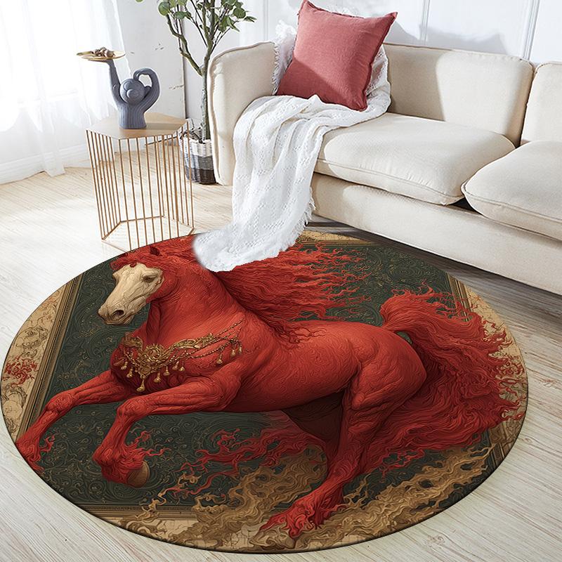 Red Horse,Round Area Rug,Carpet Rug for Living Room Bedroom Sofa Playroom Decor,Non-slip Floor Mat
