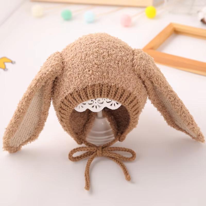 

Милая зимняя детская шапка с ушками кролика и медведя, теплая плюшевая шапка-бини для новорожденных мальчиков и девочек, однотонная шапка-боннет с ушками для малышей и детей кофейный