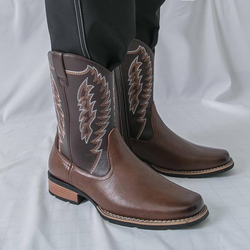 Designer Men's Retro Western Cowboy Boots Mens Fashion Patchwork Embroidery Mid-calf Leather Boot Designer Casual Shoes For Men