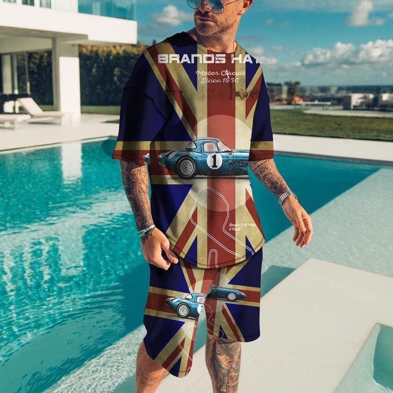 Vintage Style Men's Beach Shorts Set 3D USA Flag Print Short Sleeve T-shirt+Shorts 2 Pcs Set Summer Oversized Tracksuit Suit
