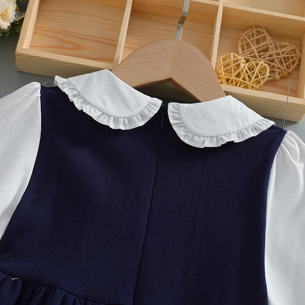 Toddler Girls' School Style Dress Navy Blue White Ruffle Collar Puff Long Sleeves 2-6 Years Kids Dress