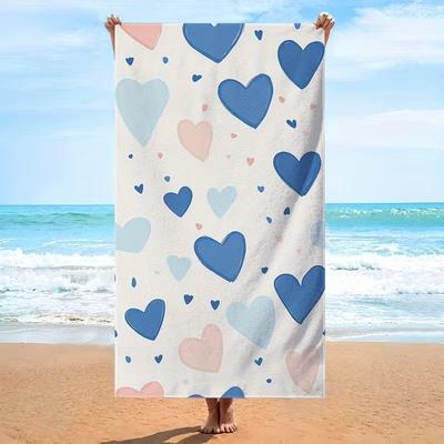 Cute Soft Blue Pink Heart Print Beach Towel Quick Dry Absorbent Towel for Swimming Pool Travel Summer Vacation