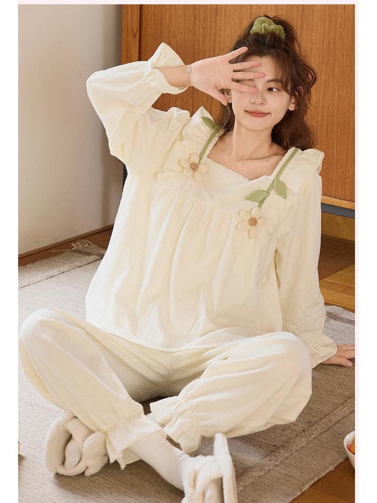 Women's Cotton Pajama Set with Chest Pads - Long Sleeve Cute Princess Style for Spring, Autumn, Winter