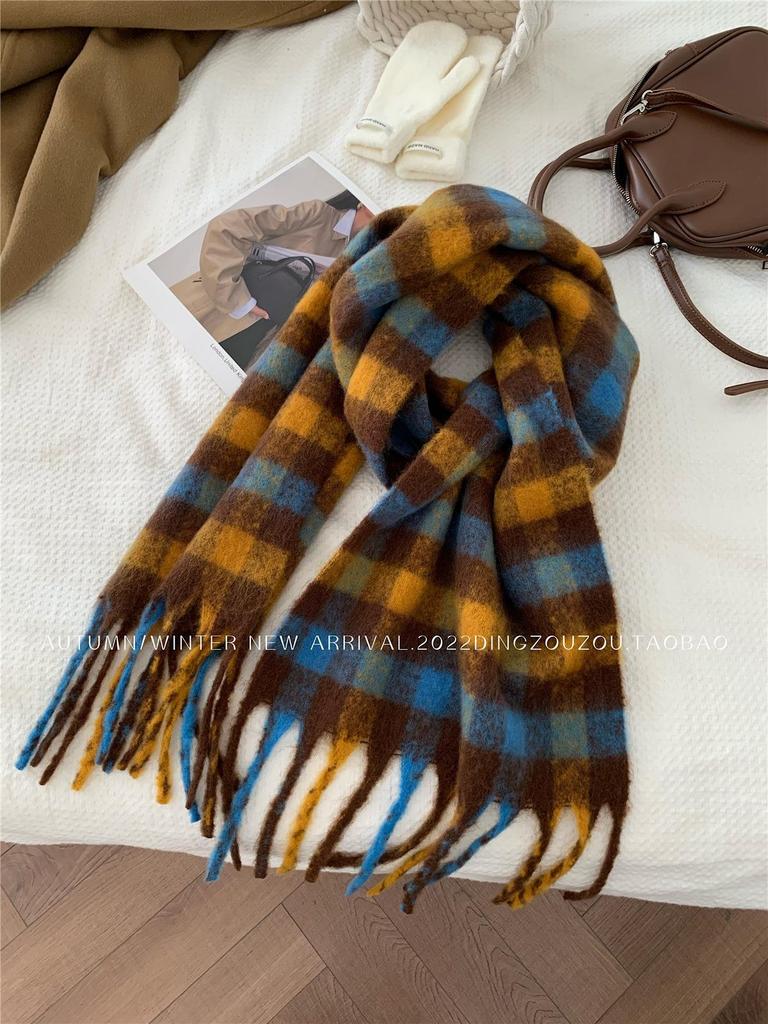 Women's Korean Mohair Plaid Scarf: Winter Thick Warm Imitation Cashmere Knitted Long Shawl