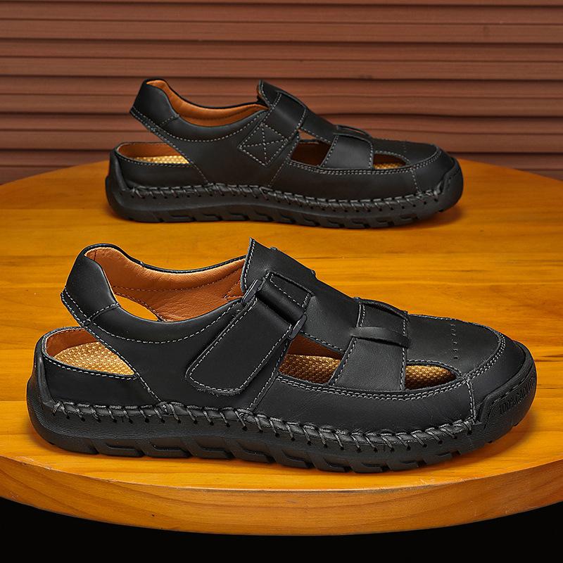 

Soft-soled stitching men s head layer beach shoes sandals popular 2025 casual leather handmade men s large-size sandals 48 чорний