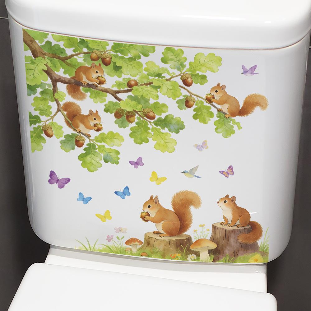 Cartoon Squirrel Stickers, Pinecones, Butterflies, Bathroom, Toilet Stickers for The Bathroom and Toilet Area