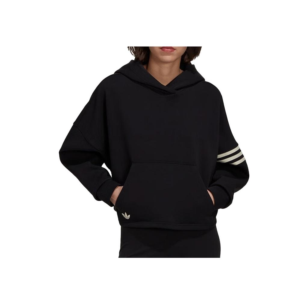 Adidas Originals Trefoil Logo Print Stripe Hooded Sweatshirt Women Tops Black HT8847