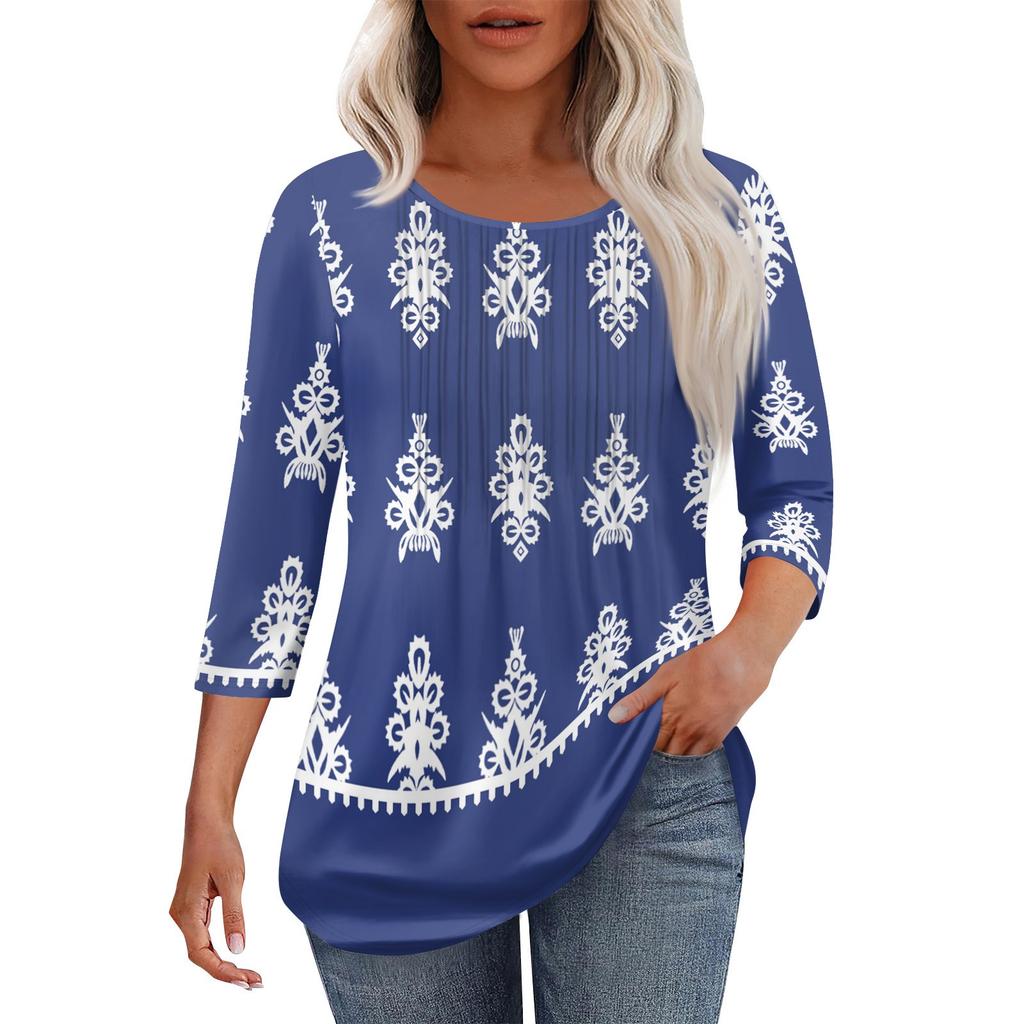 Women's Fashionable Casual Pleated Round Neck Casual Floral Print Seven Quarter Sleeved T-shirt Top