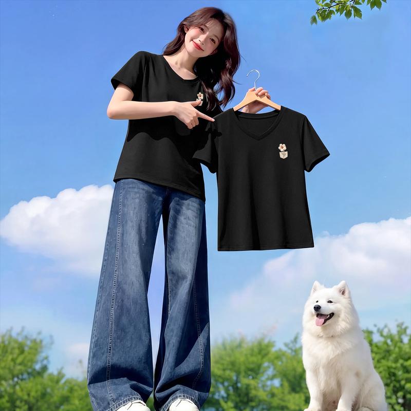 Xue Zhong Fei 2026 Summer Women s V-Neck Short Sleeve T-Shirt M