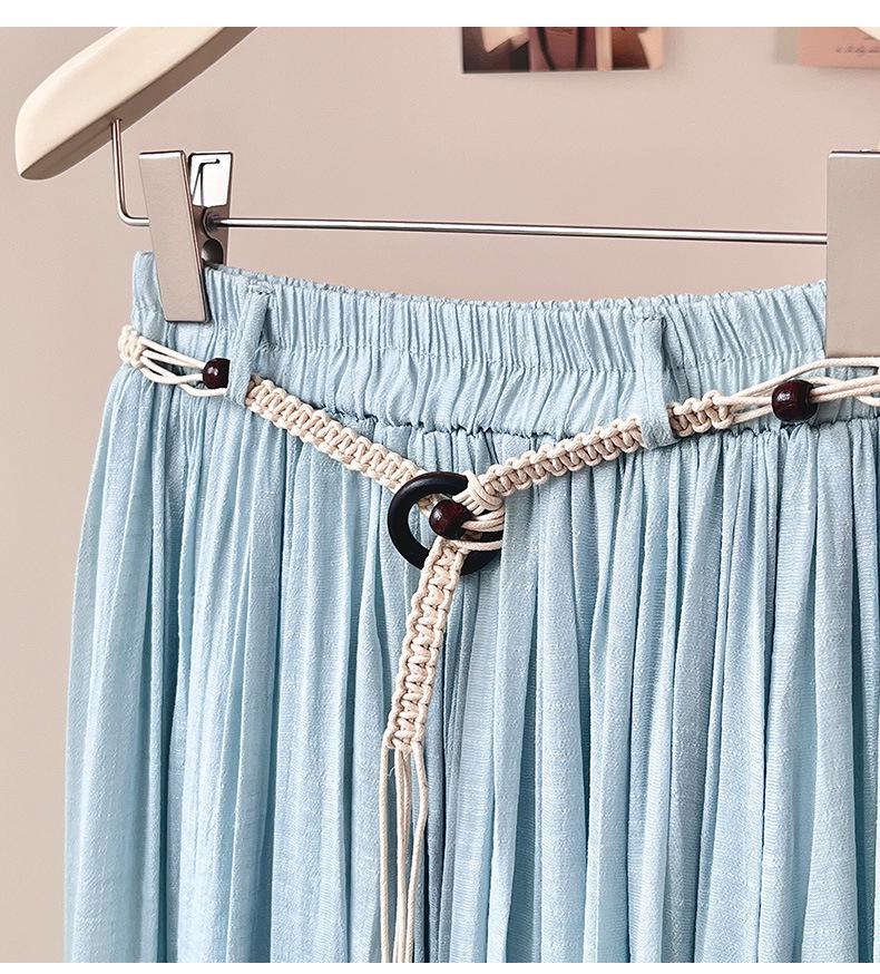 Bohemian High-Waisted A-Line Midi Skirt with Belt - Women's Flowing Slim Summer 2026 Style