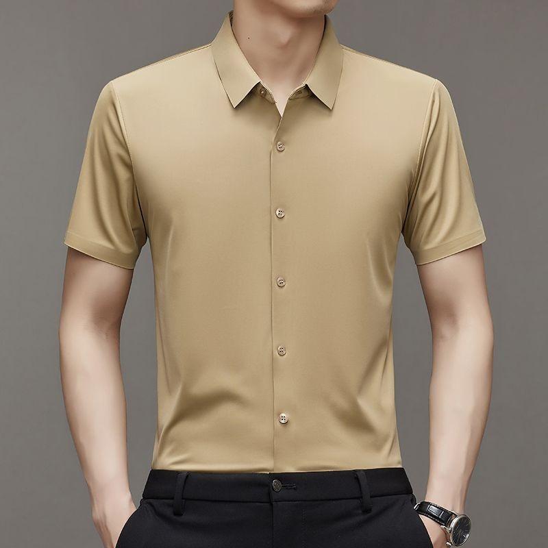 High End Ice Silk Shirts Men Short Sleeve Business Wrinkle Shirt Single Breasted Elastic Tops Luxurious Wedding Clothes