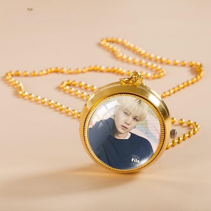 BTS Naszyjnik z kieszonkowym zegarkiem z obracanym zdjęciem grupowym, Wisiorek na łańcuszku kulkowym, Biżuteria akcesoryjna dla fanów Kpop ARMY