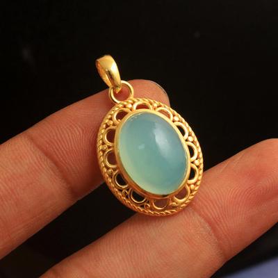 Aqua Chalcedony Yellow Gold Plated Pendant 925 Sterling Silver Handmade Women Jewelry