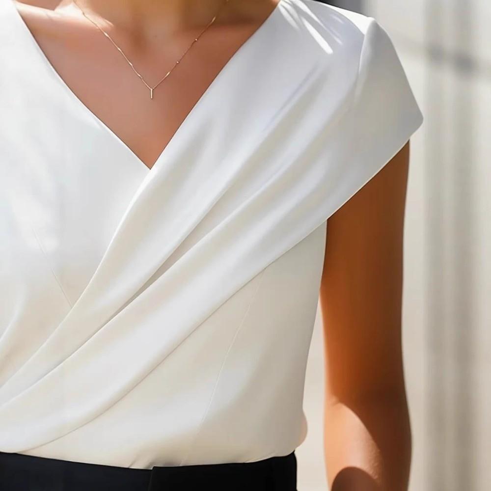 Pleated V-Neck Wrap Top Short Sleeve Pullovers T-shirt Female Ladies' Shirt Office
