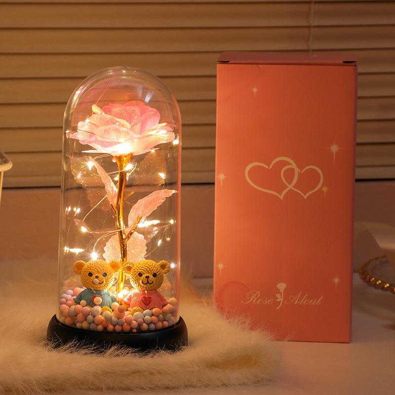 

Креативный ночник в виде розы: Украшение из стабилизированных цветов и подарок для девочек Medium with Dome (Pink Box)