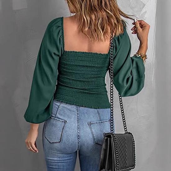 Women's Solid Color Square Neck Slim Fit Lantern Sleeve Pleated Top