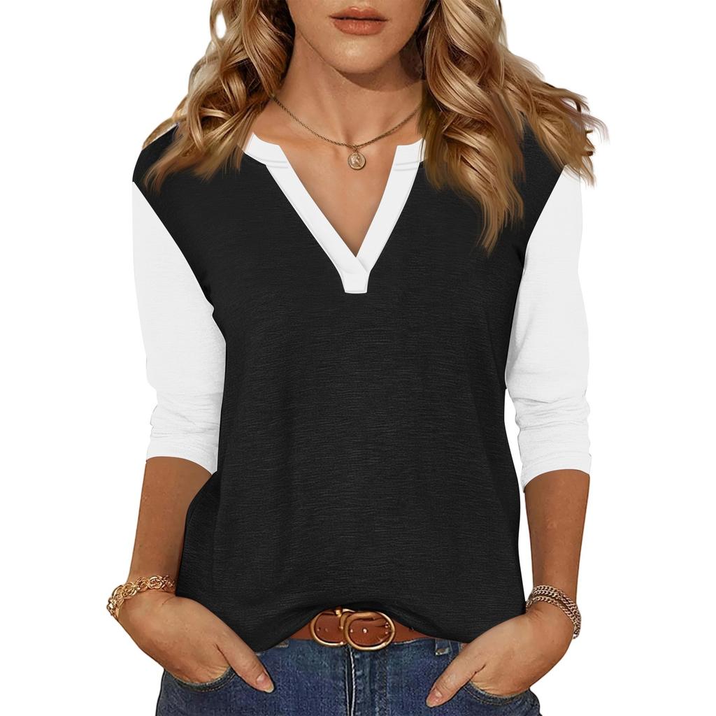Women's Casual Fashion Sexy Comfortable V-neck Stitching Color Three-quarter Sleeve Top