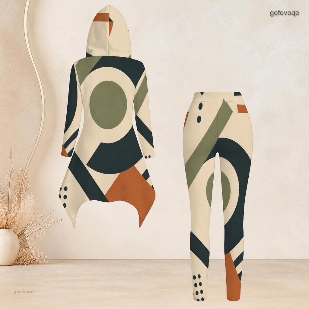 Women Plus Size Hooded Long Sleeve Printed Navy Blue Two Piece Set Asymmetric Hem Top And Fitted Pants