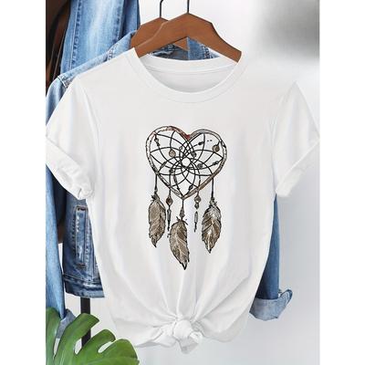 T-shirt Casual da Donna Taglia Europea con Stampa a Forma di Rete dei Sogni a Forma di Cuore, Manica Corta Girocollo, Tessuto Morbido e Traspirante