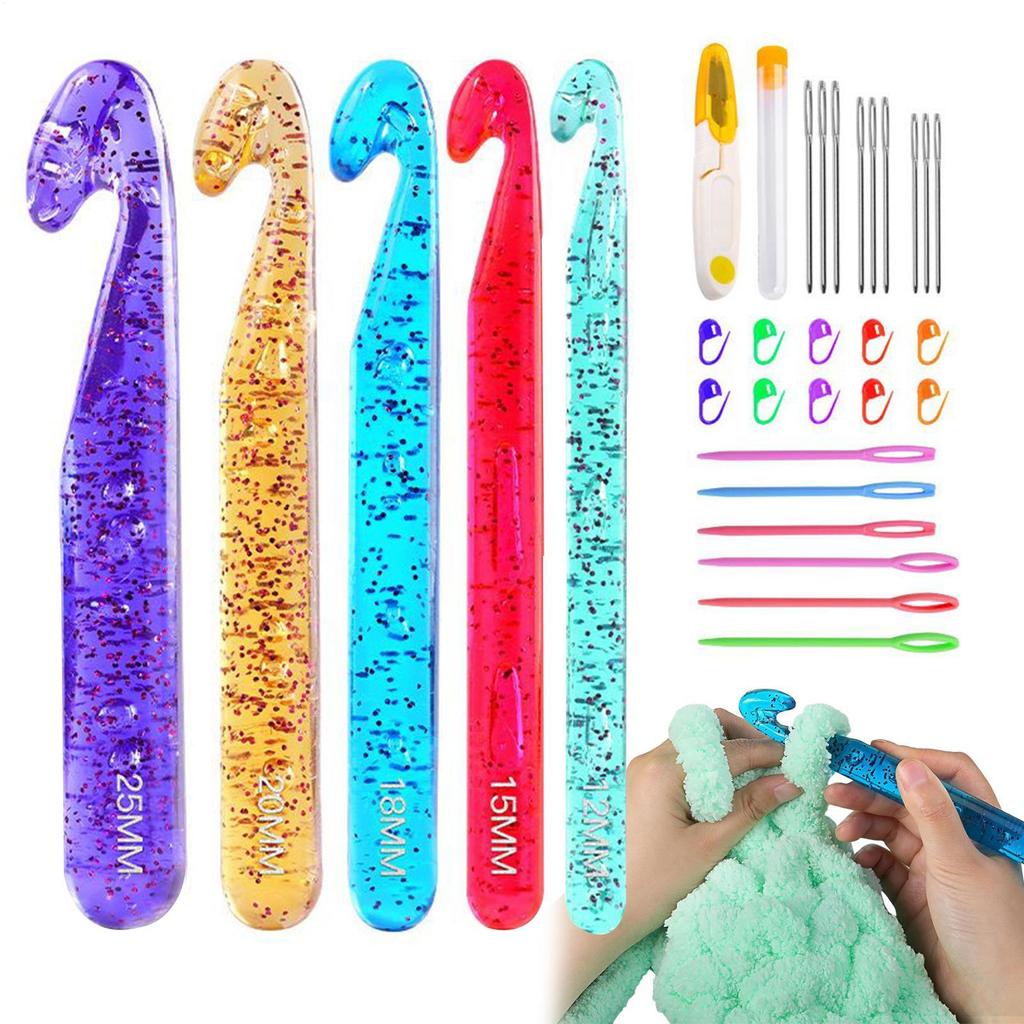 5pcs Large Crochet Hook Set 12mm-25mm Transparent Crystal Knitting Needles DIY Yarn Knitting Tool Yarn Knitting Needles Set