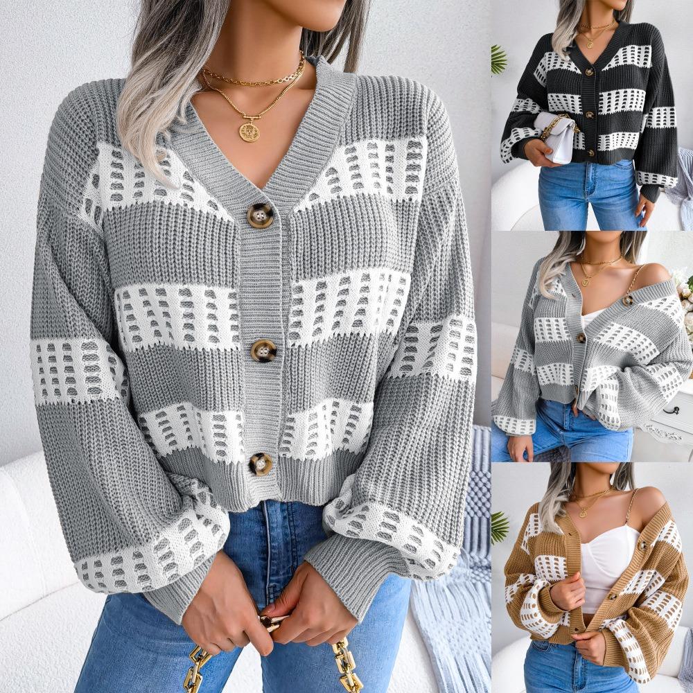 Designer Contrasting Lantern Sleeve Cardigan Sweater Jacket