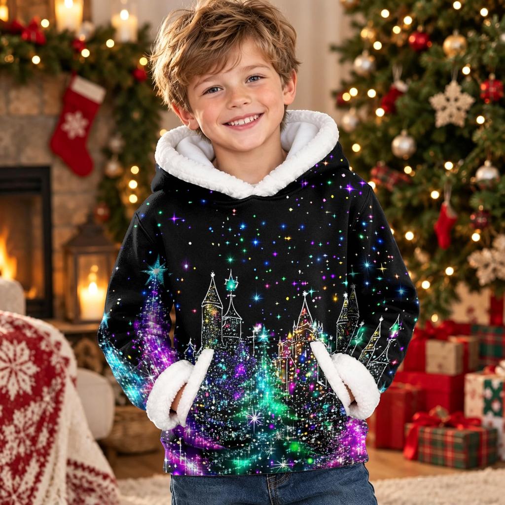 Kids Long Sleeve Christmas Print Hooded Top, Casual Holiday Hoodie for Boys and Girls