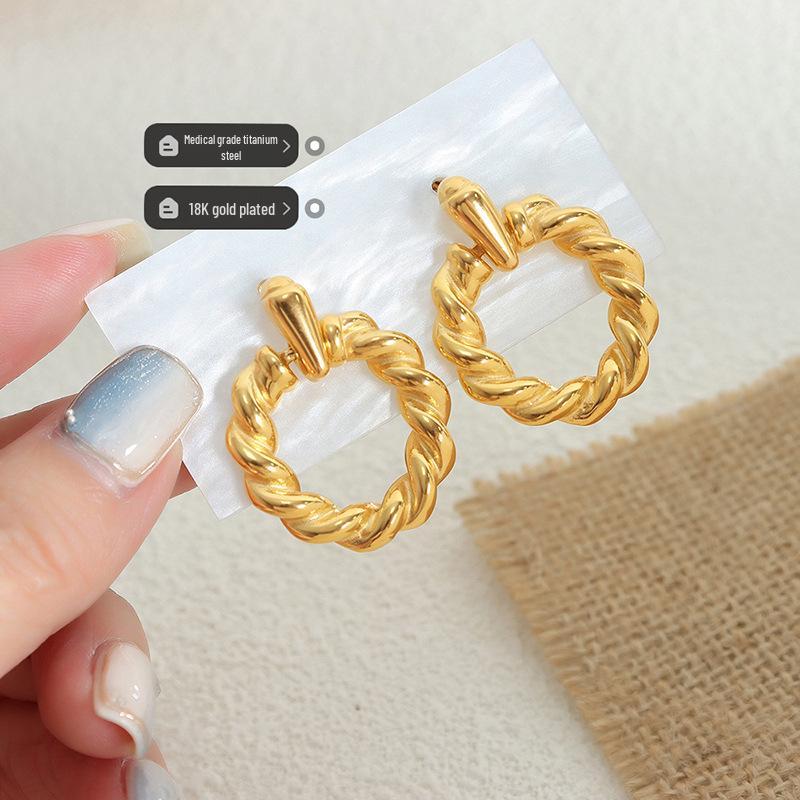 Gold-Plated Titanium Steel Braided Twist Earrings - Retro European & American Fashion, Non-Fading Simple Studs.