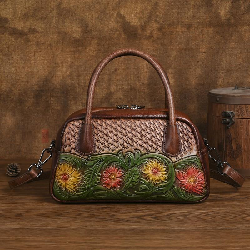 Johnature Ethnic Style Genuine Leather Retro Handbag Handmade Leather Carving Women's Shoulder Crossbody Bags