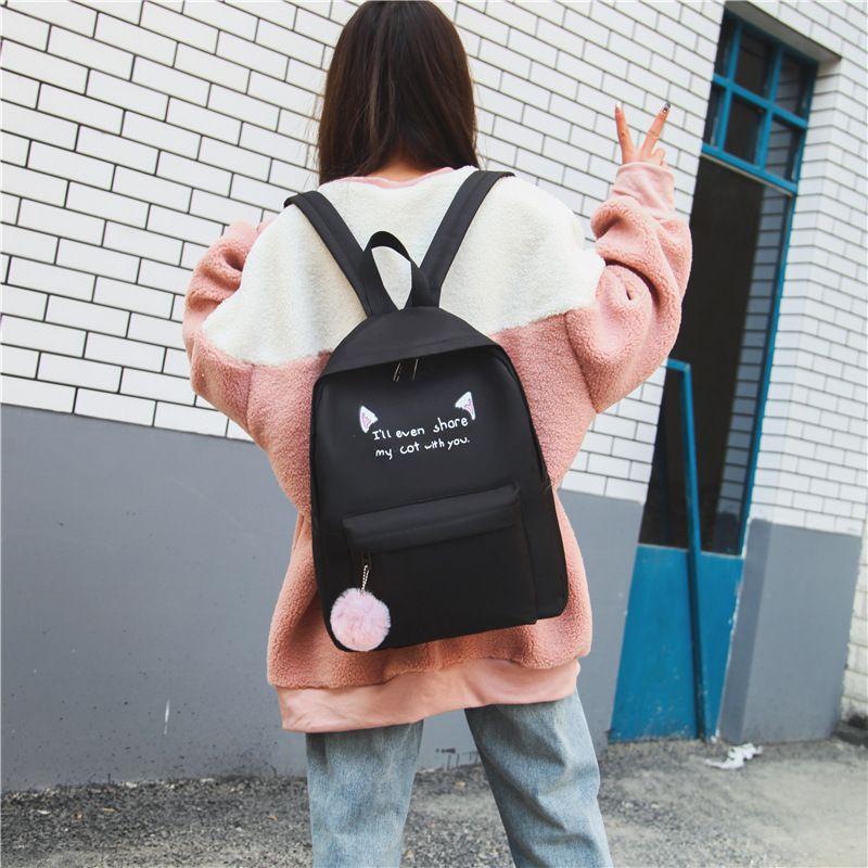 Charming College Style Women's Canvas Backpack Set With Plush Pendant And Pencil Case