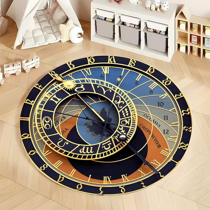 Vintage Prague Astronomical Clock Round Rug Medieval Astrology Zodiac Non-Slip Carpet for Gothic Steampunk Home Decor mat
