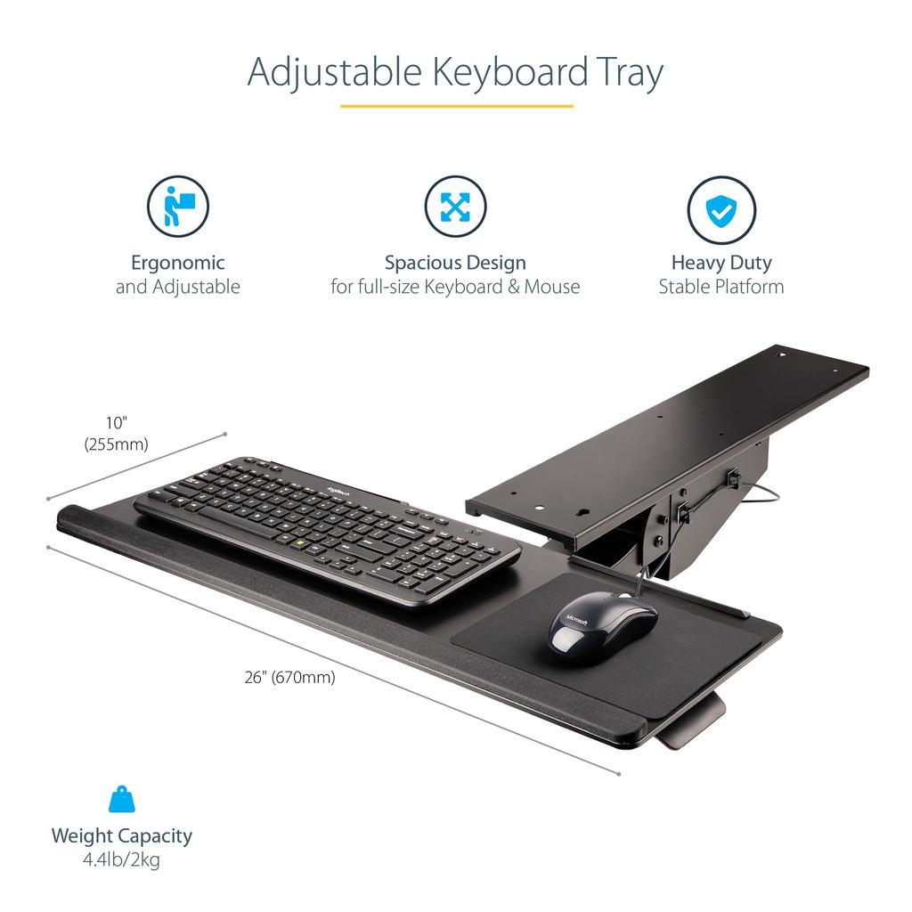 KBTRAYADJ2 Black Keyboard Tray Full Motion Height Adjustable Keyboard Mouse Tray 255mm X 670mm Table Mountable Ergonomic Slider with Wrist Rest Mouse